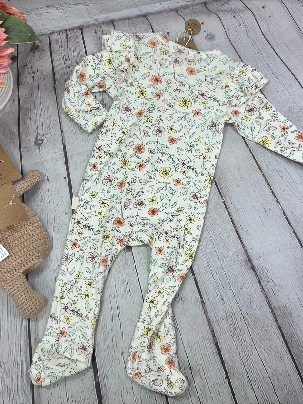 Rabbit & Bear Floral Footed One-Piece - Cream with Yellow & Orange Flowers